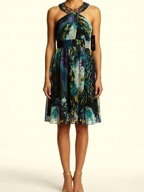Miss Sixty Chiffon Watercolour Print Dress w/Bejeweled Neck NWT- Sz. 2